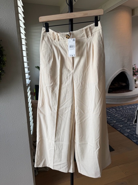 Mango Pants - Mango Cream High-Rise Wide Trousers with Button Detail